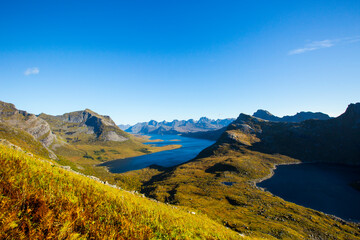 Autumn landscape and beach in Lofoten Islands, Northern Norway