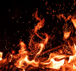 Beautiful fire flame with sparks isolated on black background. Night view of bonfire