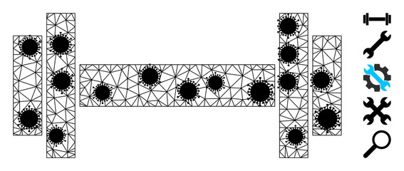 Mesh barbell polygonal symbol vector illustration, with black virus nodes. Abstraction is based on barbell flat icon, with virus elements and polygonal mesh.