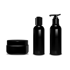 Realistic black cosmetic cream container and tube for cream, serum. Cosmetic set on the white background. Vector illustration 