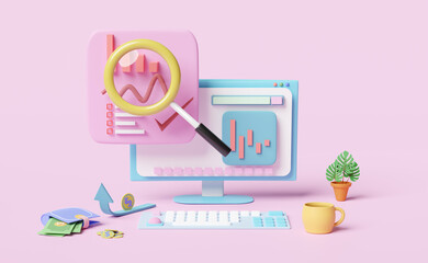 computer with charts and graph, analysis business financial data,dollar coins, Online marketing isolated on pink pastel background ,3d illustration or 3d render