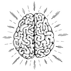 Human brain with lightning around. Brainstorming creative concept in sketch style. Vector illustration.