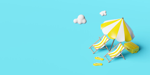 summer travel with yellow suitcase,beach chair,umbrella,cloud,sandals isolated on blue background ,concept 3d illustration or 3d render