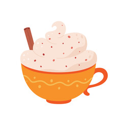 Coffee cup with cream and cinnamon. Autumn and winter hot drink. Vector illustration