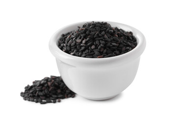 Fototapeta na wymiar Raw black sesame seeds with bowl on white background
