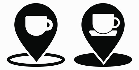 Location of the cafe. GPS and cup. Point on the recreation map. Restaurant icon. Vector icon.