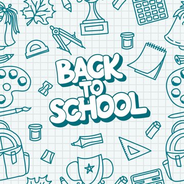 A pattern on the theme of school with school supplies and the inscription back to school.
