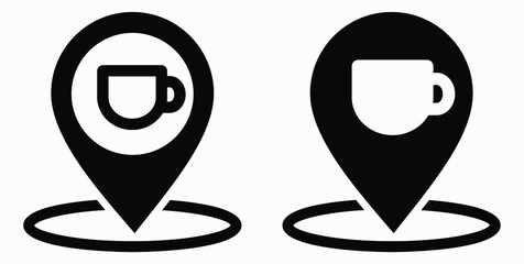 Location of the cafe. GPS and cup. Point on the recreation map. Restaurant icon. Vector icon.