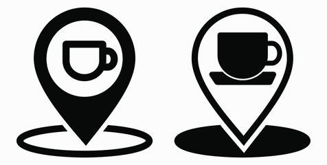 Location of the cafe. GPS and cup. Point on the recreation map. Restaurant icon. Vector icon.