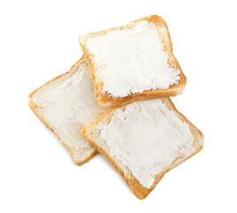 Delicious toasts with butter on white background, top view