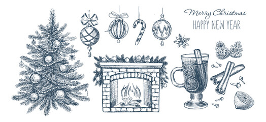 Christmas tree, fireplace, toys. Hand drawn illustration.	
