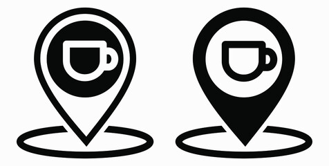 Location of the cafe. GPS and cup. Point on the recreation map. Restaurant icon. Vector icon.