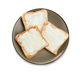 Delicious toasts with butter on white background, top view