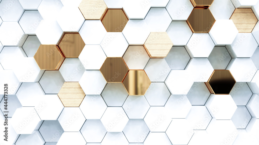 Wall mural abstract luxury background with golden hexagons. 3d rendering.