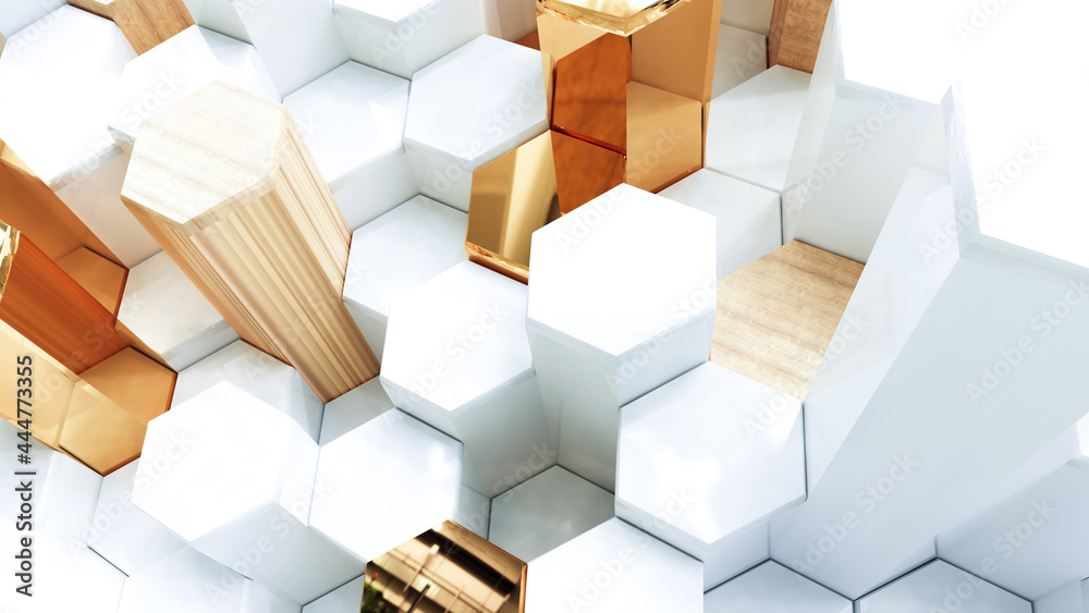 Wall mural abstract luxury background with golden hexagons. 3d rendering.