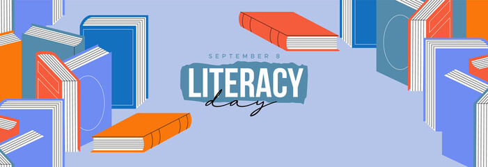 Literacy Day web banner colorful books cartoon