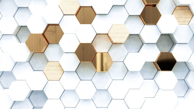 Abstract luxury background with golden hexagons. 3d rendering. © Yury