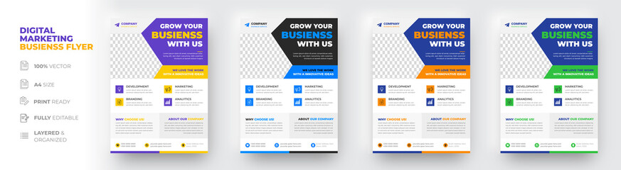 Corporate business flyer template design set with blue, yellow,  purple and green color. digital marketing agency flyer, business marketing flyer set, grow your business digital marketing new flyer.