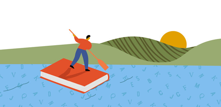 Man rowing book boat concept word river cartoon