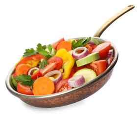 Mix of vegetables in frying pan isolated on white