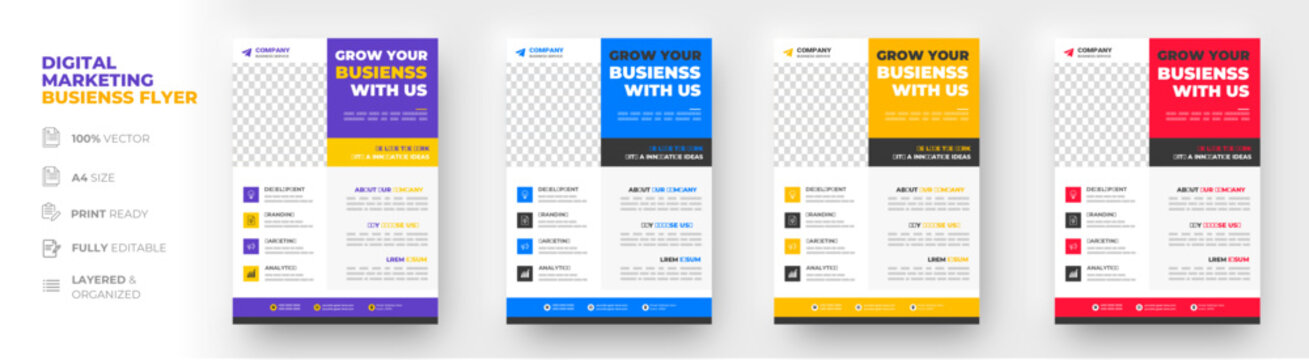 Corporate business flyer template design set with blue, yellow, red and purple color. digital marketing agency flyer, business marketing flyer set, grow your business digital marketing new flyer.