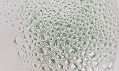 Lots of water droplets on the surface of a plastic water bottle. Center focus.