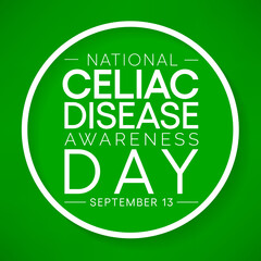 National Celiac Disease awareness day is observed every year on September 13, it is an immune reaction to eating gluten, a protein found in wheat, barley and rye. Vector illustration