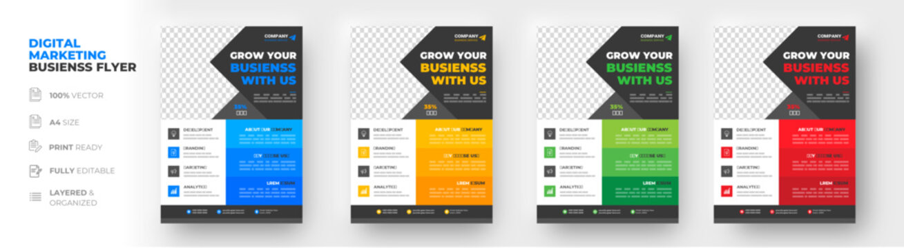 Corporate business flyer template design set with blue, yellow, red and green color. digital marketing agency flyer, business marketing flyer set, grow your business digital marketing new flyer.