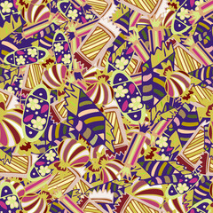 A bunch of candies and bonbons in retro style seamless pattern, a pile of candy bars repeat pattern, hand-drawn confectionery, a stack of vintage candies beige, brown, red 