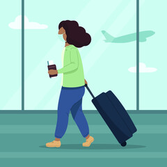 Young African American woman in protective face mask walking with suitcase and international passport in hand. Airport background. Vector illustration of new normal travel and vacation. 