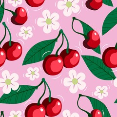 Summer seamless pattern with juicy cherries. Sweet cherry with green leaves and white flowers on a pink background. The juicy design will match the wallpaper. 