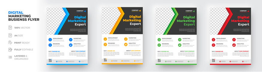 Obraz premium Corporate business flyer template design set with blue, yellow, red and green color. digital marketing agency flyer, business marketing flyer set, grow your business digital marketing new flyer.