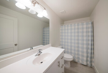 Fototapeta na wymiar Clean bathroom with white vanity sink and closed checkered shower curtain