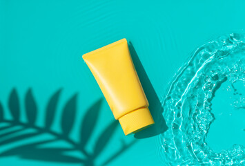 Sun cream yellow tube on the blue water surface with palm leaf shadow. Summer vacation cosmetics...