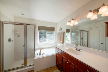 Fototapeta na wymiar Bathroom interior with large vanity sink and window