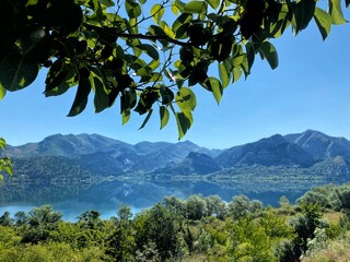 Obraz premium Panoramic view of the Barrios de Luna reservoir, a reservoir located in the Leon region of Luna in Spain. Spanish landscape