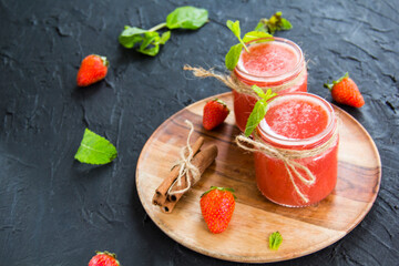 Healthy smoothie of fresh summer berries. Creative atmospheric decoration