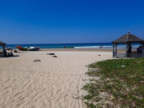 Colva beach in goa, tropical beach, blue water and blue sky Arabian sea beach in India, white sand and blue water, view of the beach. © Rima