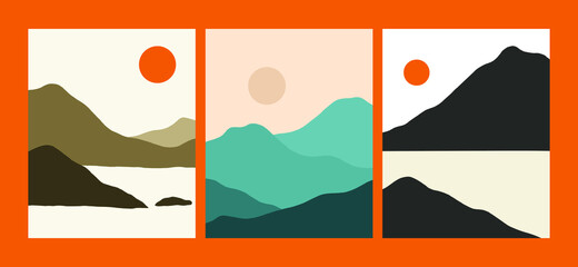 minimalist landscape vector illustration. creative abstract scenery of the mountain, ocean, lake, and sky. sunset and sunrise nuance in earth tone color. trendy contemporary design illustration.