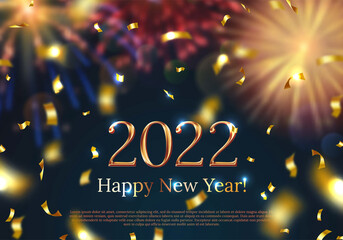 Happy New Year card with sparkling confetti flying. 2022 Merry Christmas holiday banner with blurred multi colored fireworks. Invitation, calendar, poster design realistic vector illustration