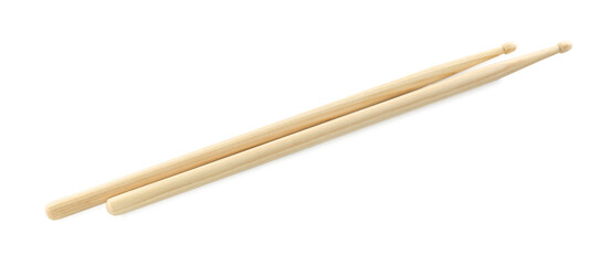 Drumsticks on white background, top view. Musical instrument