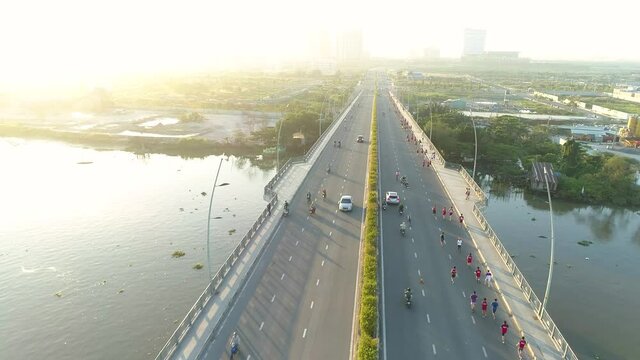 Aerial view of Thu Thiem bridge, links District 2 or Thu Duc City to Binh Thanh District in Ho Chi Minh City, Vietnam