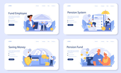 Pension fund employee web banner or landing page set. Specialist helps - obrazy, fototapety, plakaty