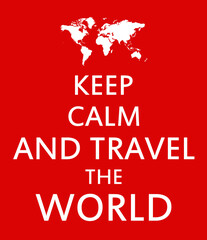 Keep calm and travel the world text design illustration with world map decoration on red background