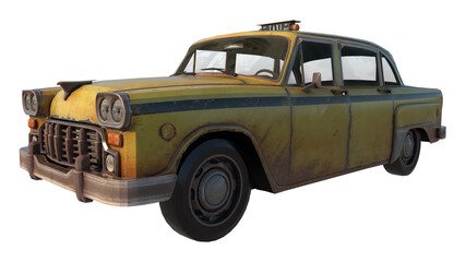 Old Rusty Taxi 1- Perspective F view  white background 3D Rendering Ilustracion 3D