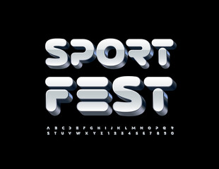 Vector modern flyer Sport Fest with 3D glossy Font. White and Silver Alphabet Letters and Numbers set