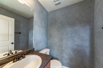 Small bathroom interior with faux paint concrete wall