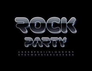 Vector event flyer Rock Party. Black and Silver 3D Font. Modern shiny Alphabet Letters and Numbers set