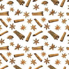 Watercolor cinnamon and anise star spice in seamless pattern on white background. Hand drawing illustration. Perfect for textile.