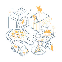 Pizzeria and delivery - isometric yellow and black line illustration